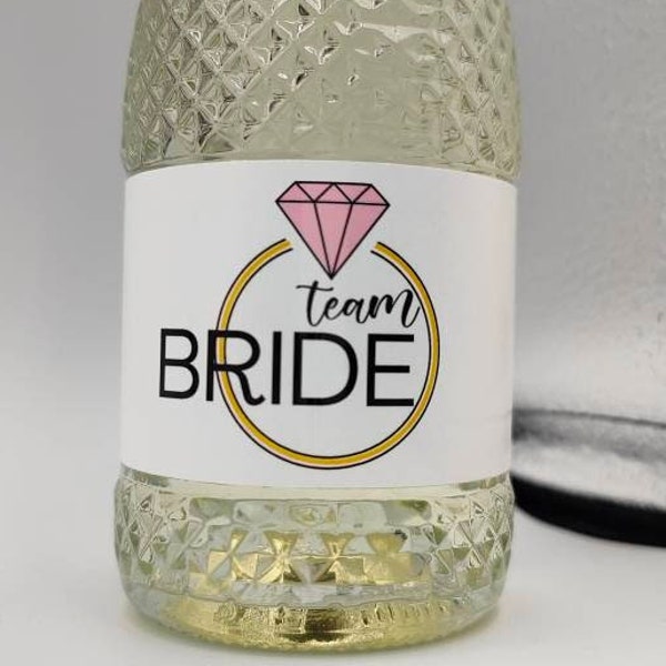 Team Bride Mini Champagne/Prosecco Bottle, White Poly Labels for Wedding, Freixenet, Birthday, Celebration, Party, Gift, Freixenet 20cl