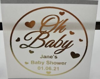 4 Maten Baby Shower Sticker Oh Baby Gepersonaliseerd in luxe goudfolie op een glanzende doorzichtige polylabel Party Favor Decoration, op maat gemaakt