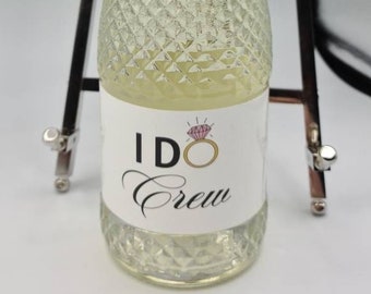 I Do Crew Label, For Mini Champagne/Prosecco, Satin White Poly Labels for Wedding, Birthday, Celebration, Party, Gift, Freixenet 20cl, Small