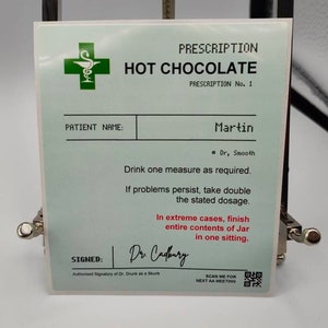 Chocolat chaud sur ordonnance personnalisé, boissons chaudes, bouteille, bocaux, paquets, étiquettes personnalisées, anniversaire, boisson de célébration, drôle, cadeau