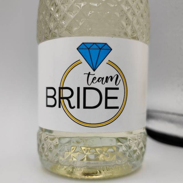 Team Bride Mini Champagne/Prosecco Bottle, White Poly Labels for Wedding, Freixenet, Birthday, Celebration, Party, Gift, Freixenet 20cl
