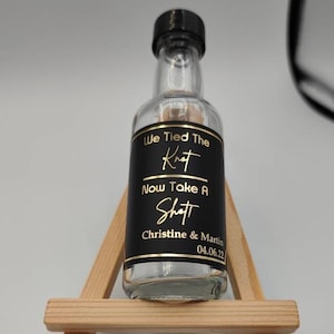 60mm x 50mm Premium Matt Black Tied The Knot Now Take A Shot, Custom, Personalised Wedding Label Stickers Favor, Mini Alcohol Bottle, Classy