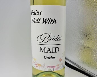 Pairs Well With Bridesmaid, Wine, Champagne/Prosecco Bottle White Poly Labels for Wedding, Getting Married, Celebration, Party, Gifts, Drink