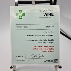 Prescrizione personalizzata Vino Alcol, Spirito, Bottiglia Etichette personalizzate in poli bianco, Compleanno, Celebrazione Bevanda, Bevanda divertente, Celebrazione, Regalo