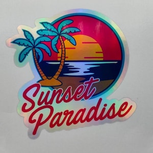 Sunset Paradise, Autocollants de vacances à la plage, Lever de soleil, coucher de soleil, paradis, holographique, palmiers tropicaux, décalcomanies, autocollants, décalcomanies, étiquette