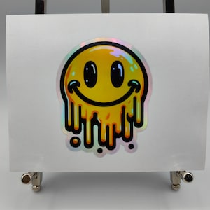 Emoji fondant à l'acide, Amusant, Mignonne, Autocollant holographique, Raves, Discothèque, Boîtes de nuit, Décalcomanies, Stickers ordinateur portable, Décalcomanies, Stickers objets