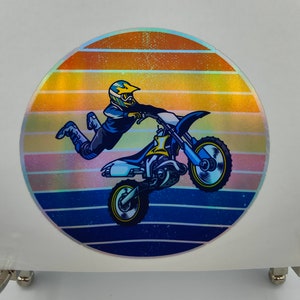 Moto Cross X, Stunt Bikes, Retro Hintergrund, Extremsport, BMX, Holographischer Aufkleber, Abziehbild, Artikelaufkleber, Geschenkaufkleber