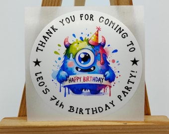 Monster Happy Birthday Labels Stickers, Gift Bag Sticker, Celebration, Thanks, Personalised Party Favors, Custom Labels Children's, Kid's