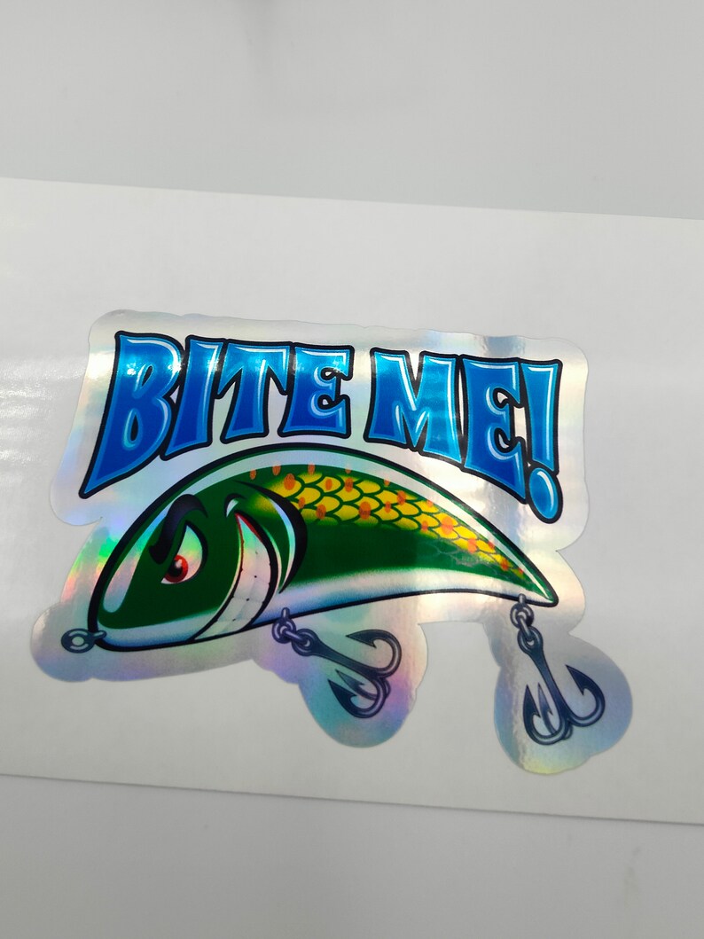 Bite Me, Fishing Rod Lures, Holographic Sticker, Sea, Decals, Jaws ...