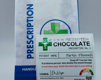 Personalised Chocolate Prescription Label + Prescription Bag, Stickers, Sweets, Pharmacy, Get Well Soon, Stocking Filler, Birthday, Dad, Mum