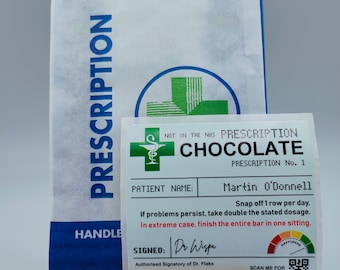 Personalised Chocolate Prescription Label + Prescription Bag, Stickers, Sweets, Pharmacy, Get Well Soon, Stocking Filler, Birthday, Dad, Mum