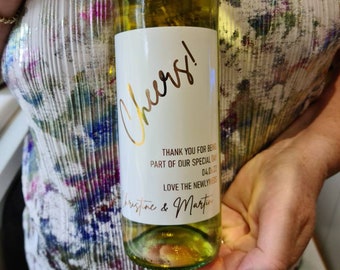 Rose Gold Cheers! Foiled Wine/Champagne/Spirit/Mini Bottle Custom White Labels for Wedding, Mum And Dad, Personalised, Birthday, Party