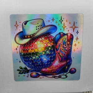 Discothèque, Chapeau boule pailletée, EVJF, Danse en ligne, Discothèque, Boule de danse rétro pailletée, Autocollants holographiques, Décalcomanies, Ordinateur portable