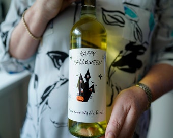 Happy Halloween, Haunted House, Wine Bottle White Poly Labels for Birthday, Celebration Drink, Funny Drink, Cheeky, Celebration. Cauldron