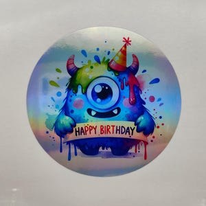 Monster gelukkige verjaardag, kleurrijke verjaardagsstickers, labels, schattig, grappig, holografische sticker, stickers, film, laptop, monitor, plakboek