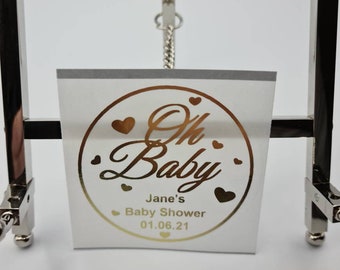 Baby shower sticker Oh Baby gepersonaliseerd in luxe goudfolie op een glanzend wit polylabel partij gunst decoratie, op maat gemaakte labels, op maat
