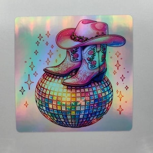 Discothèque, Chapeau boule pailletée, EVJF, Danse en ligne, Discothèque, Boule de danse rétro pailletée, Autocollants holographiques, Décalcomanies, Ordinateur portable