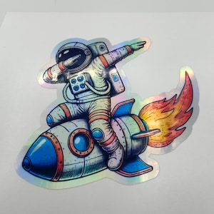 Adesivo olografico divertente e carino con razzo spaziale, da viaggio, decalcomanie, adesivi per laptop, decalcomanie, adesivi per oggetti, NASA, adesivi per bambini