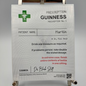 Guinness con prescrizione personalizzata, alcol di caffè, liquore, bottiglie personalizzate in polietilene bianco, compleanno, bevanda celebrativa, bevanda divertente, regalo