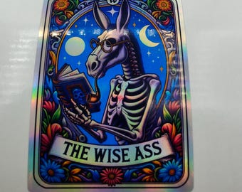 The Wise Ass Tarot, Donkey, Funny, Joke, Bookworm Reading Books, Holographic Stickers, Decals, Laptop, Labels, Magic Spells, Skeleton Donkey