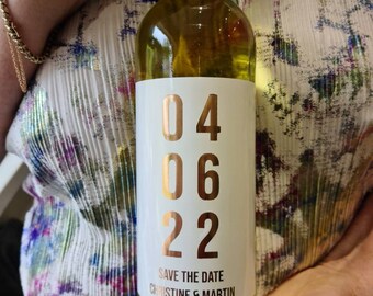 Rose Gold Save The Date Foiled Wine/Champagne/Mini Bottle Custom White Poly Labels for Wedding, Personalised, LGBT, Birthday, Celebration