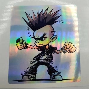 Holografische sticker punkboy rocker, etiketten, punkrockmuziek, stickers voor volwassenen, gelach, grappig, hilarisch, gitaarsticker, telefoonhoesje, stickers voor volwassenen