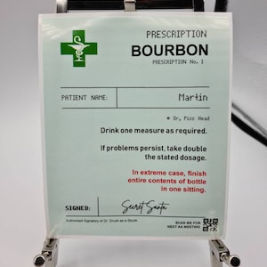 Prescrizione personalizzata Bourbon Alcool, Spirito, Bottiglia Etichette Personalizzate White Poly, Compleanno, Celebrazione Bevanda, Bevanda Divertente, Sfacciato, Regalo