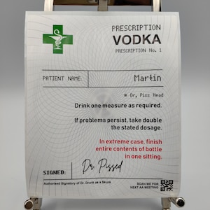 Vodka personalizzata su prescrizione, alcol, liquore, etichette personalizzate in polietilene bianco, compleanno, drink per feste, drink divertenti, etichette per bottiglie parodia