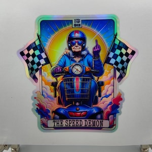 The Speed Demon, Mobility Scooter Tarot, Speeding Pensioner, Chariot, Funny, Joke, Holographic Stickers, Decals, Laptop, Labels, Magic Spell