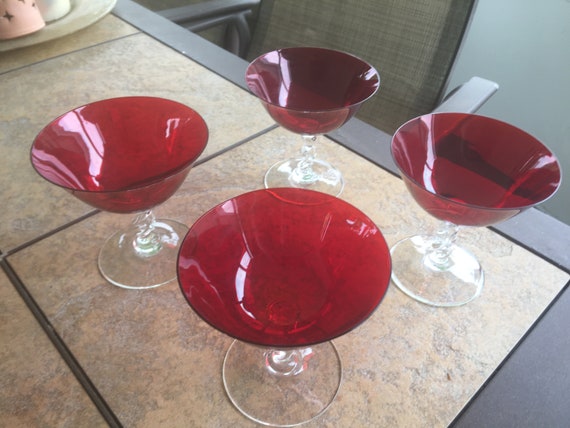 1940s Ruby Red Footed Juice Cocktail Glasses Vintage MidCentury Art Deco Carmen Ruby Red Liquor Cocktail Glasses Set of 4