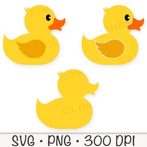 May include: Three yellow rubber duck illustrations with orange beaks and wing details. One duck is a solid yellow silhouette. The image includes the text "SVG &bull; PNG &bull; 300 DPI".
