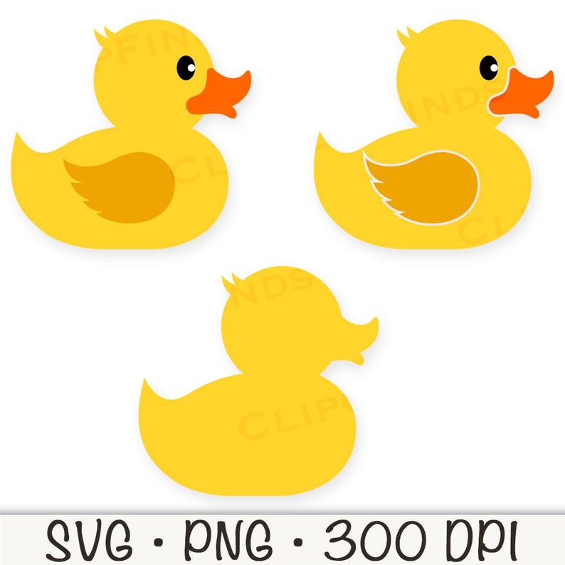 May include: Three yellow rubber duck illustrations with orange beaks and wing details. One duck is a solid yellow silhouette. The image includes the text "SVG &bull; PNG &bull; 300 DPI".