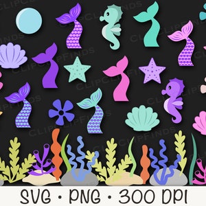 May include: A set of colorful mermaid tail and seahorse SVG and PNG digital clip art images. The set includes pink, purple, blue, green, and yellow colors. The images are perfect for crafting projects, scrapbooking, and digital design.