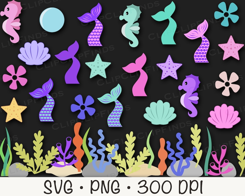 May include: A set of colorful mermaid tail and seahorse SVG and PNG digital clip art images. The set includes pink, purple, blue, green, and yellow colors. The images are perfect for crafting projects, scrapbooking, and digital design.
