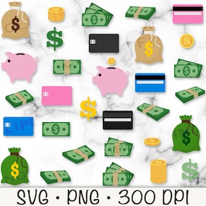 Clipart di denaro, salvadanaio, carta di credito, dollaro, pila di banconote, pila di monete, simbolo del denaro, borsa dei soldi, banca, risparmio, SVG, PNG, file digitale
