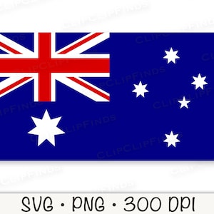 May include: The Australian flag, featuring a blue background with the Union Jack in the upper hoist quarter, a large white seven-pointed star below, and five white stars on the fly. The text "SVG &bull; PNG &bull; 300 DPI" is at the bottom.