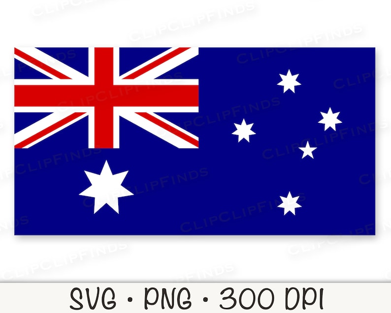 May include: The Australian flag, featuring a blue background with the Union Jack in the upper hoist quarter, a large white seven-pointed star below, and five white stars on the fly. The text "SVG &bull; PNG &bull; 300 DPI" is at the bottom.
