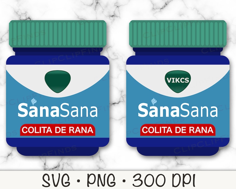 May include: Two blue and green medicine bottles with the text "SanaSana" and "COLITA DE RANA" on the label. The bottles are on a white marble background.