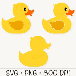 May include: Three yellow rubber duck illustrations with orange beaks and wing details. One duck is a silhouette. The image includes the text "SVG &bull; PNG &bull; 300 DPI".
