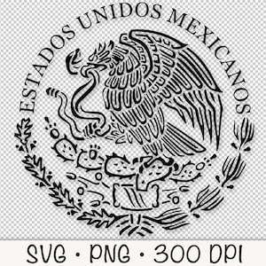 May include: Black and white illustration of the Coat of Arms of Mexico. The image features an eagle perched on a cactus with a snake in its beak. The text "ESTADOS UNIDOS MEXICANOS" surrounds the eagle.