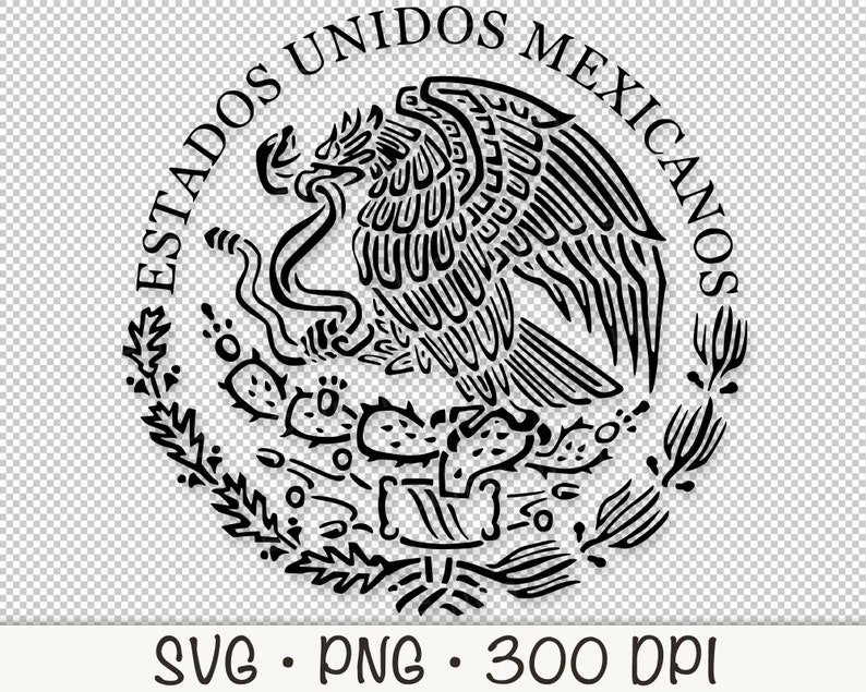 May include: Black and white illustration of the Coat of Arms of Mexico. The image features an eagle perched on a cactus with a snake in its beak. The text "ESTADOS UNIDOS MEXICANOS" surrounds the eagle.