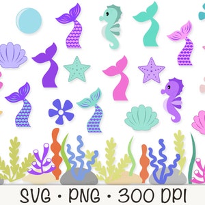 May include: A set of colorful mermaid-themed digital clipart featuring seahorses, seashells, starfish, flowers, seaweed, and mermaid tails. The clipart is perfect for crafting projects, scrapbooking, and digital design.