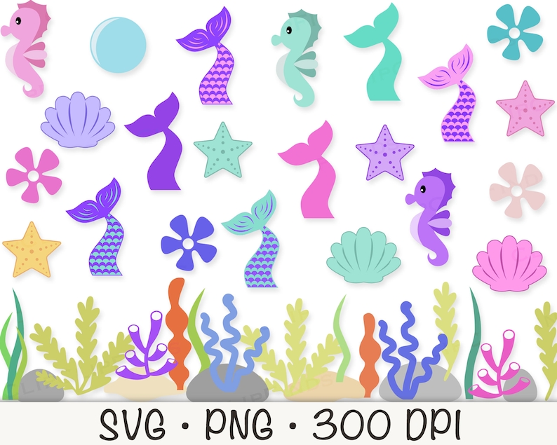 May include: A set of colorful mermaid-themed digital clipart featuring seahorses, seashells, starfish, flowers, seaweed, and mermaid tails. The clipart is perfect for crafting projects, scrapbooking, and digital design.