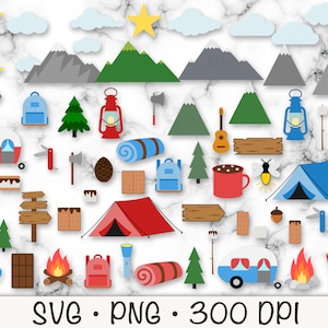 May include: A set of camping themed clipart illustrations in a variety of colours, including red, blue, green, yellow, brown, and white. The illustrations include a tent, campfire, lantern, sleeping bag, mountains, trees, stars, a camper, and more.  SVG. PNG. 300 DPI.