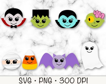 Cute Halloween Monster Faces, Dracula, Mummy, Ghost, Candy Corn, Bat, Zombie, Frankenstein, SVG, PNG, Clip Art, Instant Digital Download