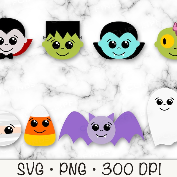 Cute Halloween Monster Faces, Dracula, Mummy, Ghost, Candy Corn, Bat, Zombie, Frankenstein, SVG, PNG, Clip Art, Instant Digital Download