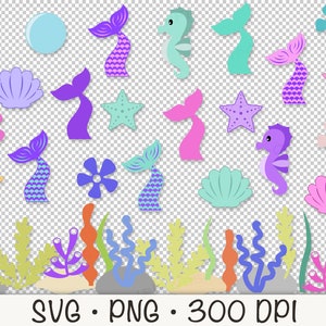 May include: A set of colorful mermaid tail and sea creature SVG and PNG digital clip art images. The set includes mermaids, seashells, starfish, flowers, and seaweed. The images are perfect for crafting, scrapbooking, and other creative projects.
