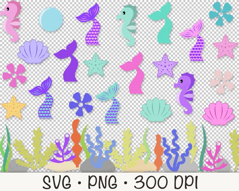 May include: A set of colorful mermaid tail and sea creature SVG and PNG digital clip art images. The set includes mermaids, seashells, starfish, flowers, and seaweed. The images are perfect for crafting, scrapbooking, and other creative projects.