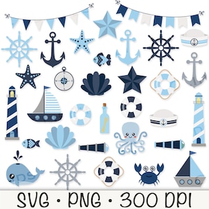 Pacchetto clipart nautico blu, Clipart oceano SVG, PNG nautico, Faro, Ancora, Banner, Stella marina, Bussola, Animali marini, Barca a vela, Download