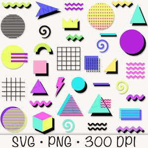 SVG de los 90, PNG de formas retro, Clipart de formas de Memphis, Elementos de los 90, Patrón abstracto de los 90, Colorido, Retro, Formas, Descarga digital